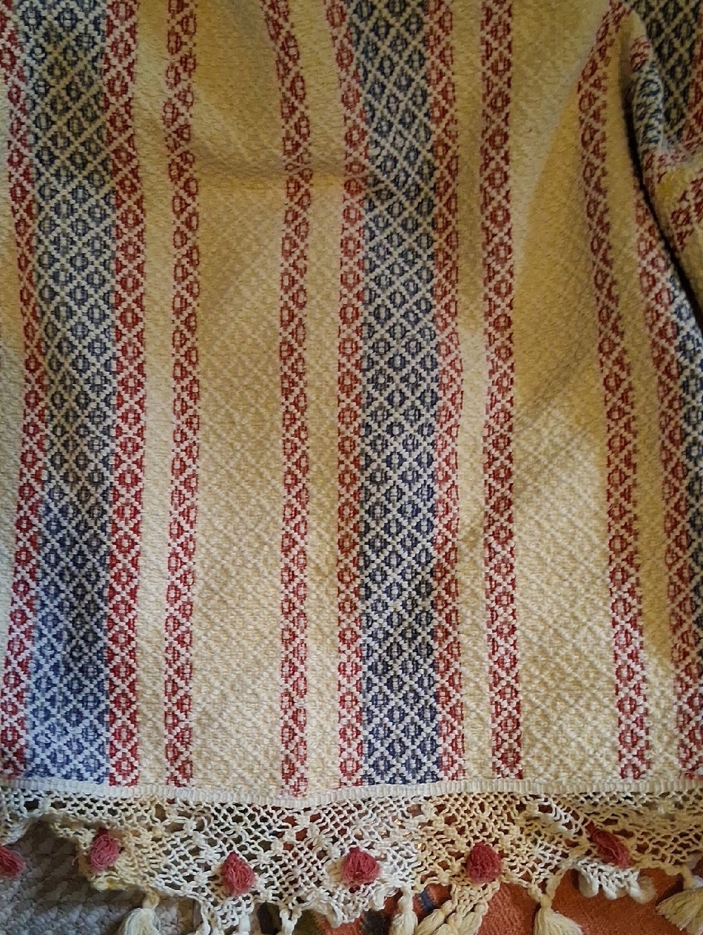 Bohemian Woven Red & Blue Stripe Cotton Throw with Crochet Fringe